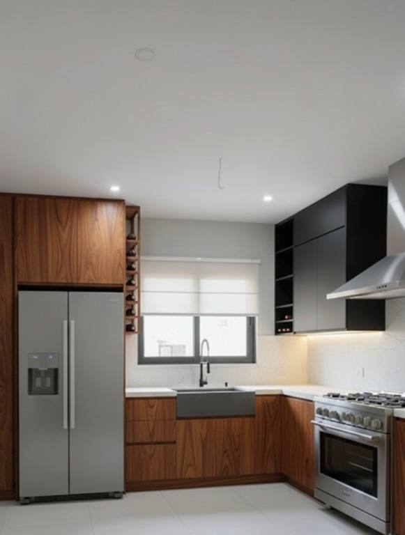 Cocina nogal y negro con vinoteca