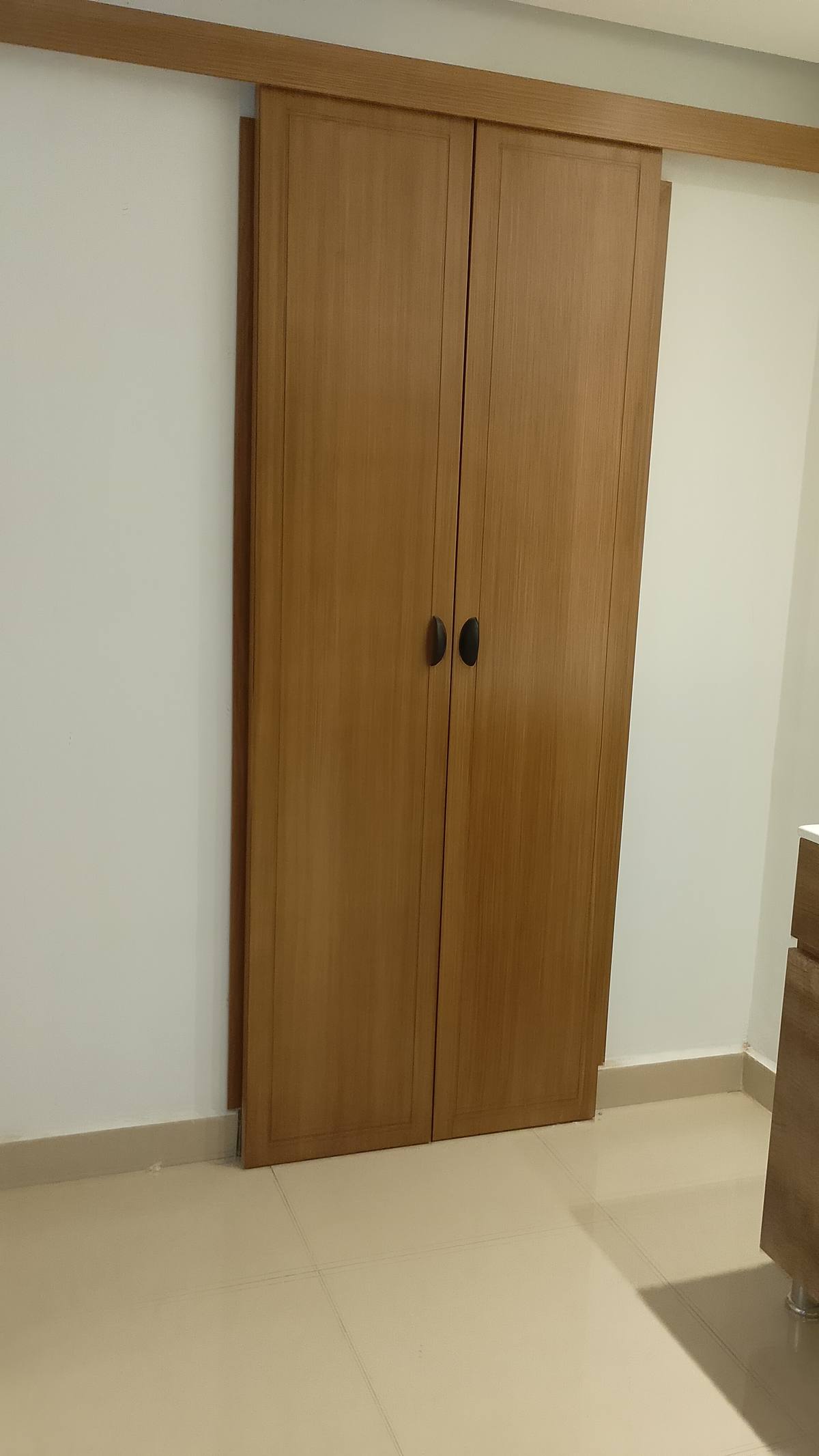 Puerta plegable en roble natural con moldura clásica
