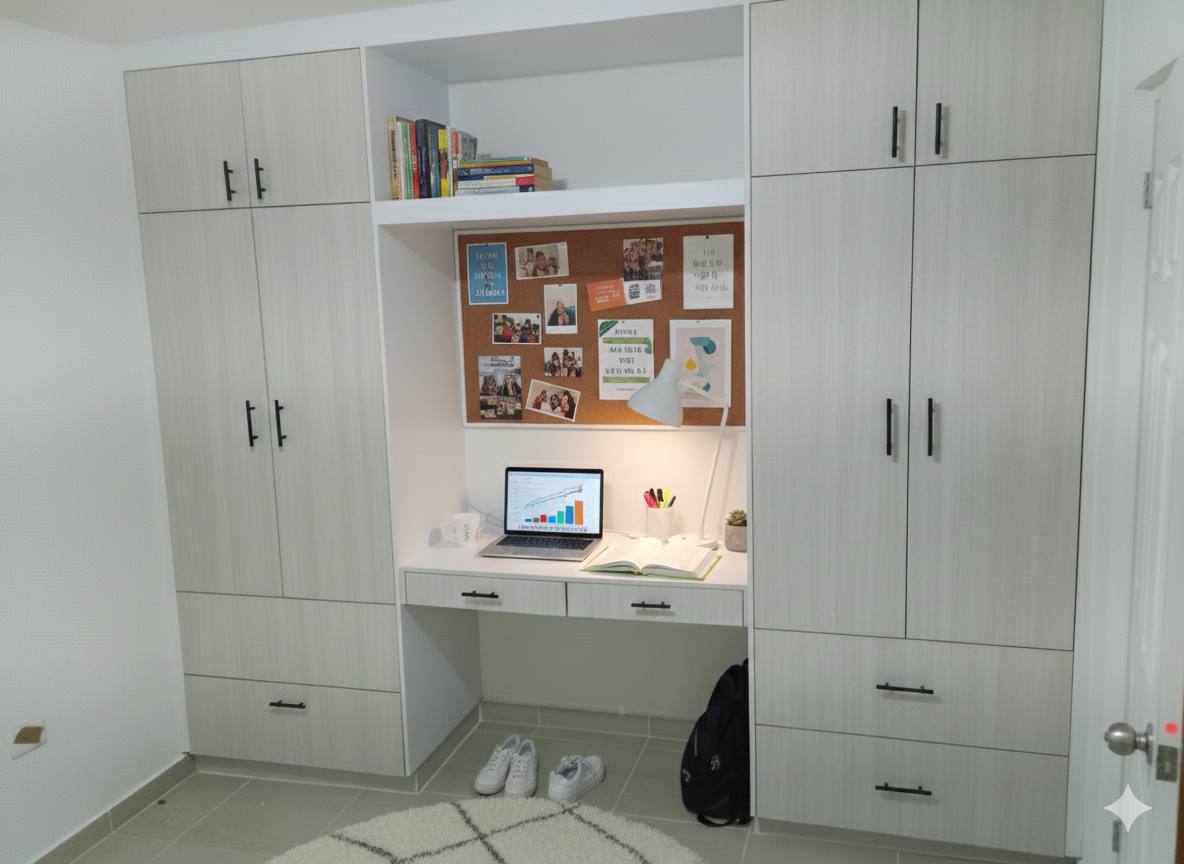 Closet lino con escritorio central iluminado y almacenamiento flanqueado